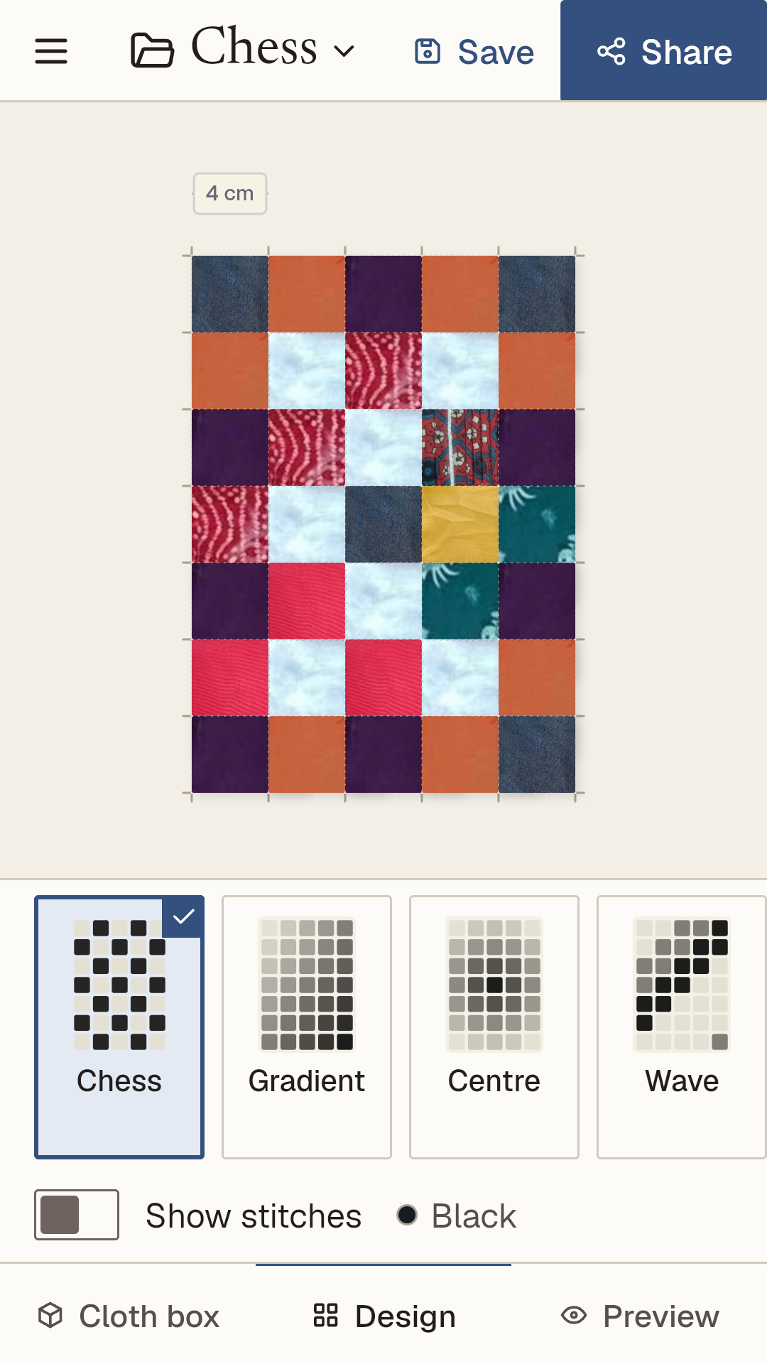 Kantha's Design tab showing the Chess pattern chosen. Below the panel are Chess, Gradient, Centre and Wave.