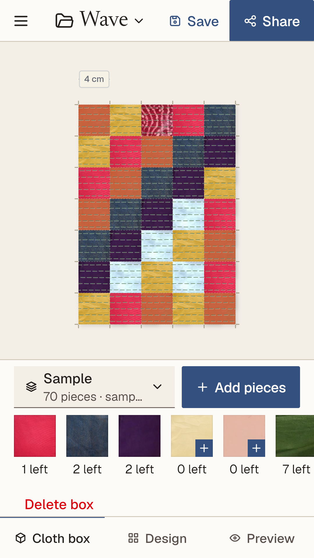 The Cloth box tab shows a panel of coloured squares above a box called Sample and a row of cloth squares with numbers.
