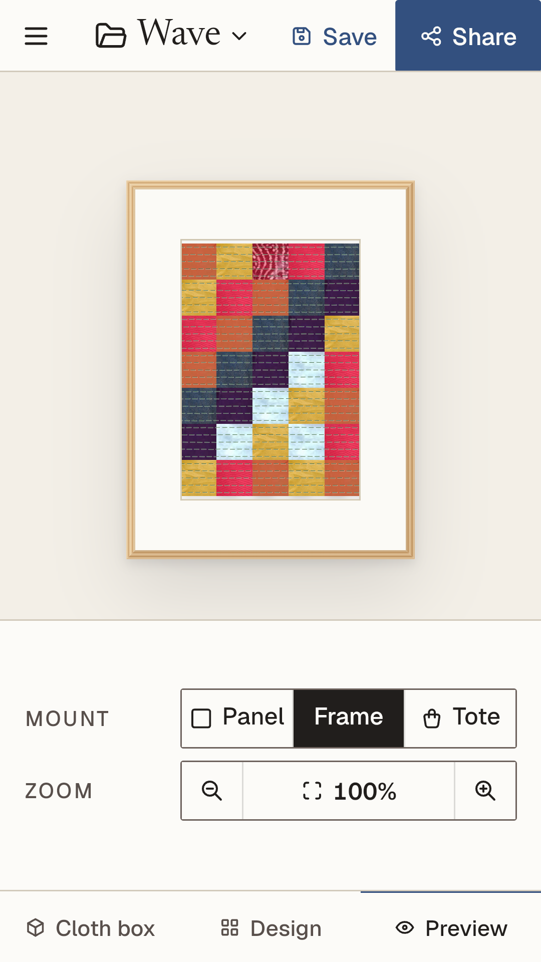 Kantha's Preview tab showing the panel in a wooden frame, with Mount and Zoom controls. The Share button is at the top right.
