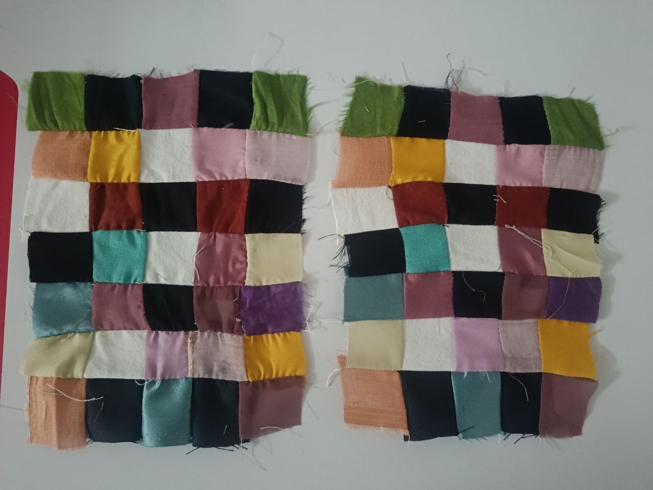 Loose coloured squares laid out as panels, side by side on a white background.